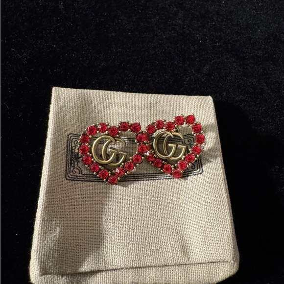 Gucci Red Crystal Heart Interlock Antique Gold Earrings